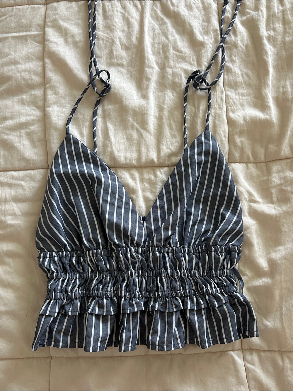 Sim & Sam Striped Smocked Peplum Crop Top Blue White Size S Coastal, Beach